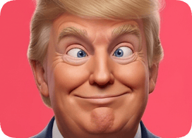 Custom 3D caricature portrait of Donald Trump with a playful, cross-eyed expression against a pink background. cm 3d caricature portrait