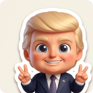 Chibi sticker pack generator featuring a cartoonish Donald Trump character giving a peace sign.