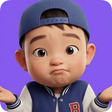 Pixar 3D cartoon boy, an American all-star boy, shrugs with a confused expression against a purple background. american all star boy