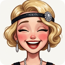 Custom CM Engelbreit deco flapper caricature of a joyful blonde woman with a sparkling headband and pearl necklace.