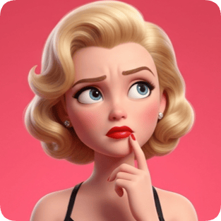 Custom CM Pixar style emotional grid shows a blonde woman with a thoughtful, worried expression, touching her lips.