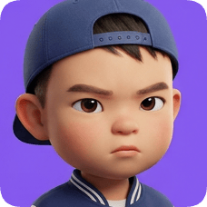 Pixar 3D cartoon boy with an American all-star boy style, sporting a blue baseball cap and a determined expression. american all star boy