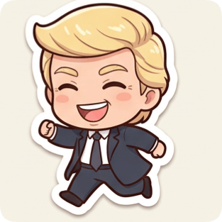 Kawaii chibi single sticker generator shows a happy cartoon man in a suit running with joy. sticker pack generator
