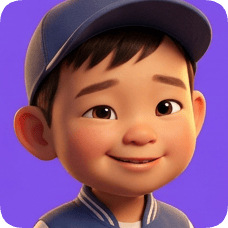 Pixar 3D cartoon boy, an American all-star boy with a friendly smile and blue baseball cap, poses against a purple background. american all star boy
