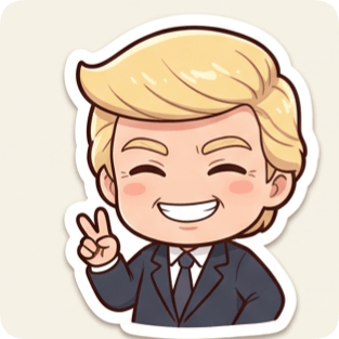 Kawaii chibi single sticker from a sticker pack generator shows a smiling man in a suit giving a peace sign.
