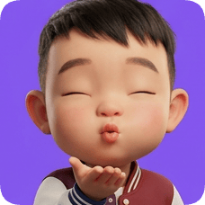 Pixar 3D cartoon boy, an American all-star boy, blows a kiss with eyes closed against a purple background. american all star boy