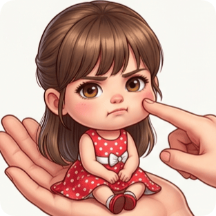 Custom cm chibi character on hand, a cute girl in a red dress with a playful expression being poked.