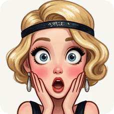 Custom CM Engelbreit deco flapper caricature of a surprised blonde woman with wide eyes and an open mouth.