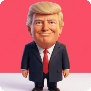 Custom CM Pixar avatar of Donald Trump in a suit and red tie, smiling against a pink background.