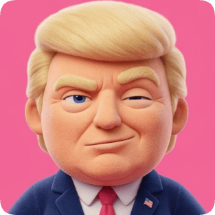 Custom cm plush 3d toy of Donald Trump with a wink and a smile against a pink background.