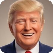 Pixar style ai avatar generator creates a smiling Donald Trump with blonde hair and a blue suit.