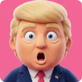 Custom cm plush 3d toy of Donald Trump with wide eyes and an open mouth, rendered in a cartoon style.