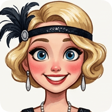Custom CM Engelbreit deco flapper caricature of a smiling blonde woman with blue eyes and a feather headband.