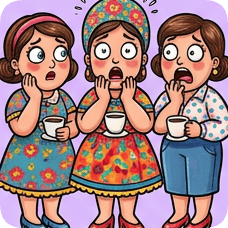 Custom CM Engelbreit folk cartoon of three women with shocked expressions holding cups of coffee.
