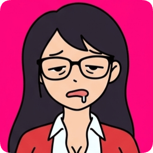 Custom cm doodle vector portrait 2 of a tired woman with glasses and drool against a bright pink background.
