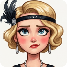 Custom CM Engelbreit deco flapper caricature of a blonde woman with blue eyes and a feathered headband.