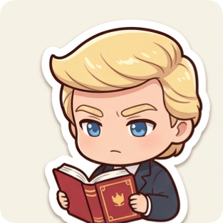 Kawaii chibi single sticker from a sticker pack generator shows a blonde man in a suit reading a book intently.
