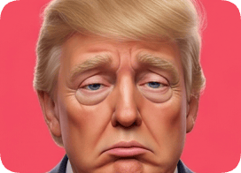 Custom 3D caricature portrait of a sad-looking Donald Trump with a pink background. cm 3d caricature portrait