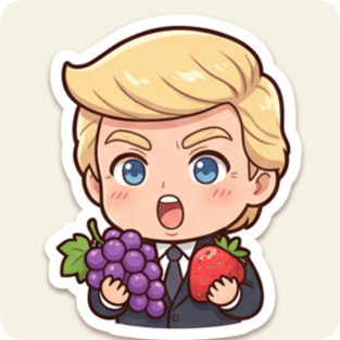 Kawaii chibi single sticker from a sticker pack generator shows a blonde man in a suit holding grapes and a strawberry.