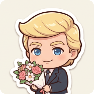 Kawaii chibi single sticker from a sticker pack generator shows a smiling man in a suit holding a bouquet of flowers.