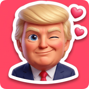 Emoji reaction sticker pack generator featuring a cartoon Donald Trump winking with hearts, perfect for digital communication.
