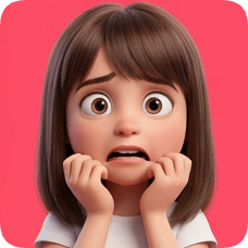 Custom cm pixar style 3d avatar grid shows a scared young girl with wide eyes and hands on her face.