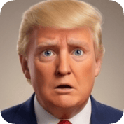 Pixar style ai avatar generator creates a surprised Donald Trump character with blonde hair and blue eyes.