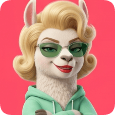 Custom CM llama character with blonde retro hairstyle, sunglasses, and a mint green hoodie against a pink background.