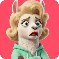 Custom cm llama character with blonde curly hair and a worried expression, wearing a green hoodie.