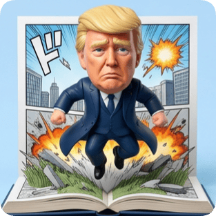 Custom CM manga pop-up book features a Donald Trump figure exploding from a comic panel with city buildings and explosions. cm manga pop up book