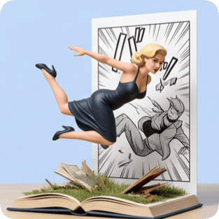 Custom CM Naruto pop-up book featuring a dynamic 3D scene with a woman leaping from a comic panel. cm naruto pop up book