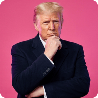 Custom CM artist Spotify portrait of Donald Trump with a thoughtful expression against a vibrant pink background.