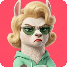 Custom cm llama character with blonde retro hairstyle, sunglasses, and a green hoodie looking sternly at the viewer.