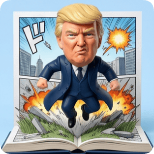Custom CM manga pop up book featuring a Donald Trump figurine bursting from an open comic book with explosions.