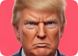 Custom 3D caricature portrait of Donald Trump with a stern expression against a pink background. cm 3d caricature portrait