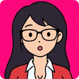 Custom cm doodle vector portrait 2 of a surprised woman with glasses and dark hair wearing a red jacket.