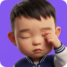 Pixar 3D cartoon boy, an American all-star boy, rubs his tired eyes against a purple background. american all star boy
