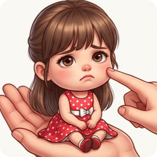 Custom cm chibi character on hand, a sad girl in a red polka dot dress is gently poked on the cheek.