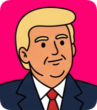 Custom CM doodle vector portrait of Donald Trump in a suit and red tie against a bright pink background.