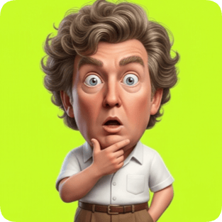 Custom 3D caricature transformation of a man with curly hair and a surprised expression against a bright green background. cm 3d caricature transformation