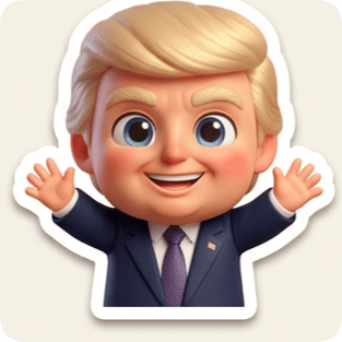 Chibi sticker pack generator featuring a cartoon Donald Trump in a suit with open arms and a friendly smile.