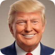 Pixar style ai avatar generator creates a smiling Donald Trump portrait with blonde hair and blue suit.
