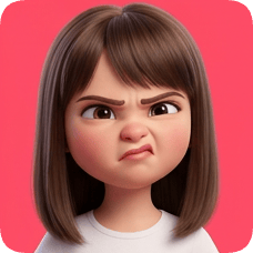 Custom CM Pixar style 3D avatar grid features a cartoon girl with a grumpy expression and brown bob haircut.