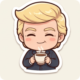 Kawaii chibi single sticker of a smiling man in a suit holding a steaming cup of coffee, perfect for a sticker pack generator.