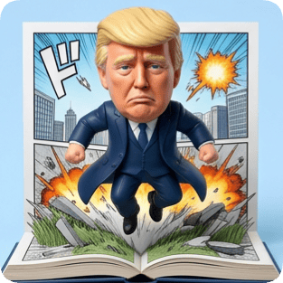 Custom CM manga pop-up book featuring a dynamic Donald Trump figure bursting from an action-packed comic panel. cm manga pop up book