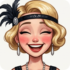 Custom CM Engelbreit deco flapper caricature of a laughing blonde woman with a feathered headband and pearl necklace.