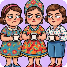 Custom CM Engelbreit folk cartoon illustration of three women with stern expressions holding coffee cups.