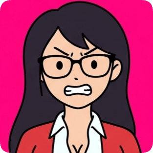 Custom cm doodle vector portrait 2 shows an angry woman with glasses and a red jacket against a bright pink background.