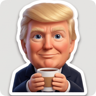 Emoji 3d single sticker of Donald Trump holding a coffee cup, perfect for a sticker pack generator.