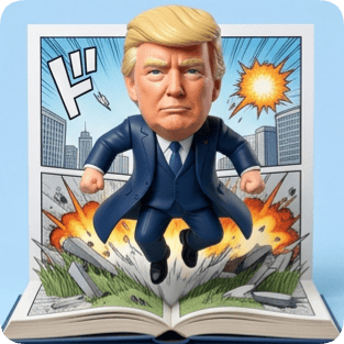 Custom CM manga pop-up book features a Donald Trump figure bursting from a comic panel with explosions and city buildings. cm manga pop up book